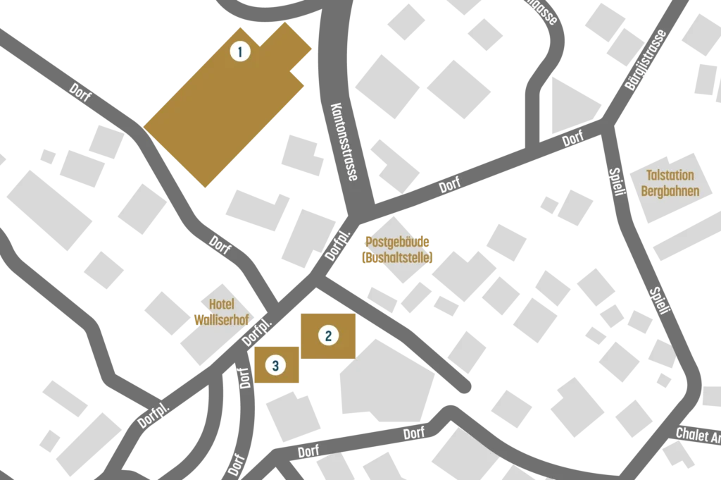 Plan de situation de Grächen : Mountainlodge, Restaurant Piazza, Parking à étages